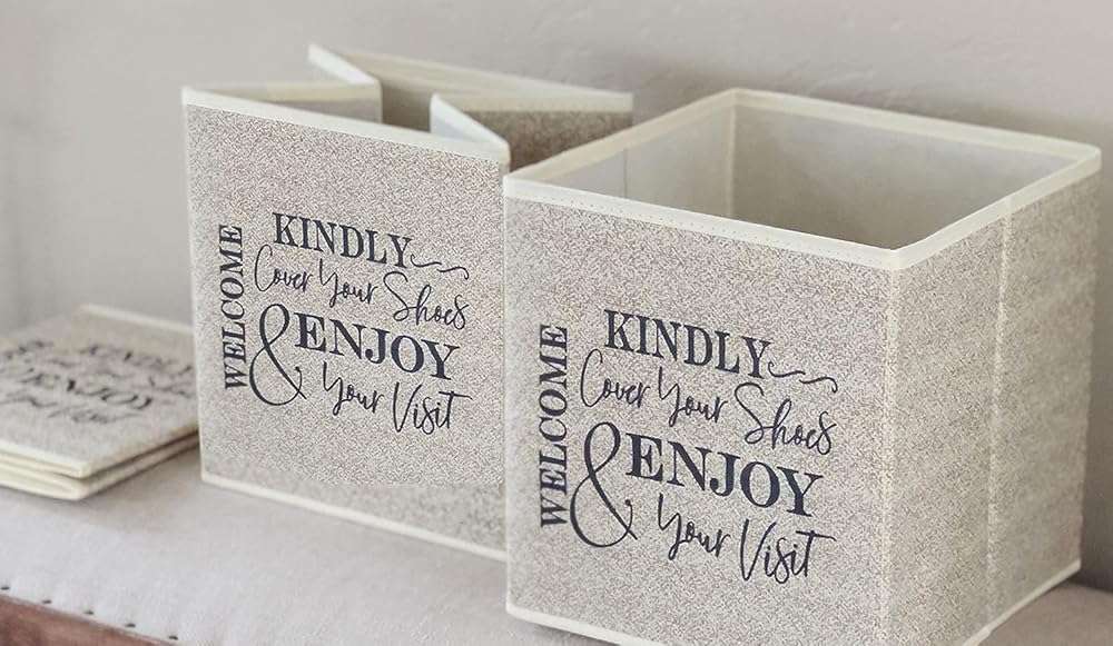 Shoe Cover Box - Welcome Guests to Please Cover Shoes. Indoor Foldable Storage Bin to Fill w/your Favorite Booties. For Homeowner, Real Estate Agent, Realtor Open House Supplies | 1 Beige & Black - Image 9