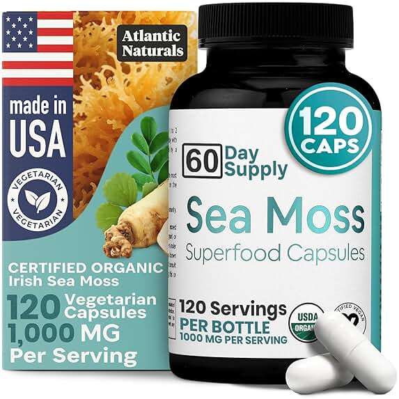 Atlantic Naturals Superfood Organic Irish Sea Moss Capsules - 120 Veggie Capsules | Wildcrafted Organic Sea Moss Supplement for Men & Women | Better Than Sea Moss Gel | Support Immunity & Skin, 1000mg - Image 1