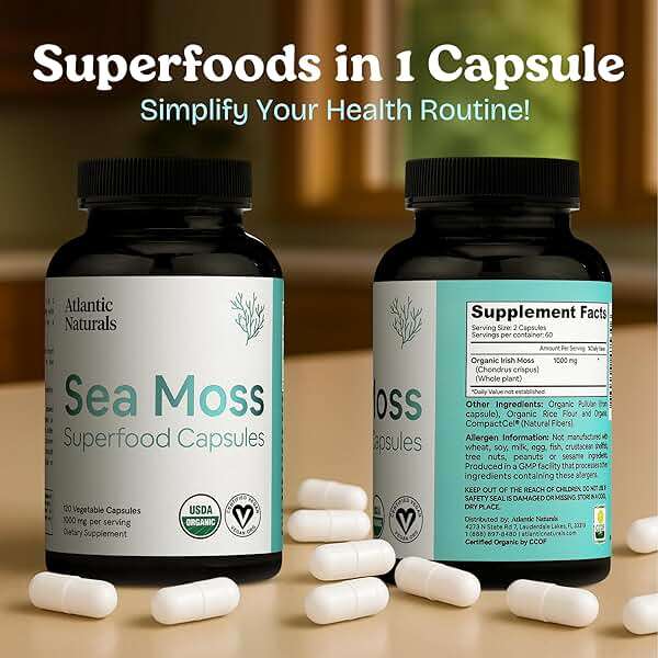 Atlantic Naturals Superfood Organic Irish Sea Moss Capsules - 120 Veggie Capsules | Wildcrafted Organic Sea Moss Supplement for Men & Women | Better Than Sea Moss Gel | Support Immunity & Skin, 1000mg - Image 3