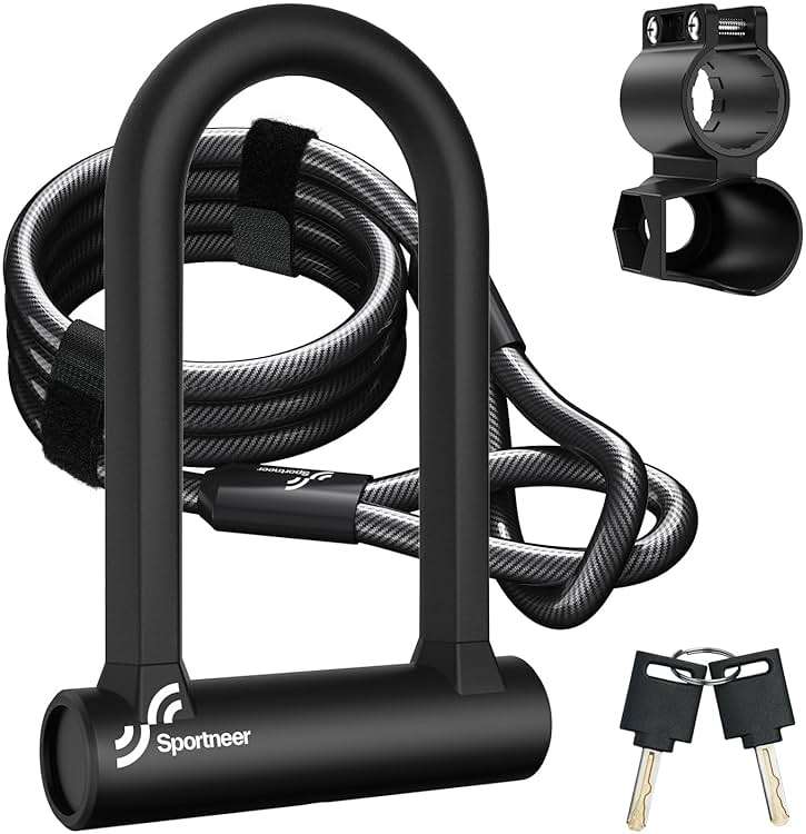 Sportneer Bike Lock: Heavy Duty Anti Theft Bike U Lock with 5ft Security Steel Cable - 17mm Shackle Bicycle U-Locks with 2 Keys & Mounting Bracket for Road Mountain Bike, Size 7.76''x5.02'', 1.64lb - Image 1