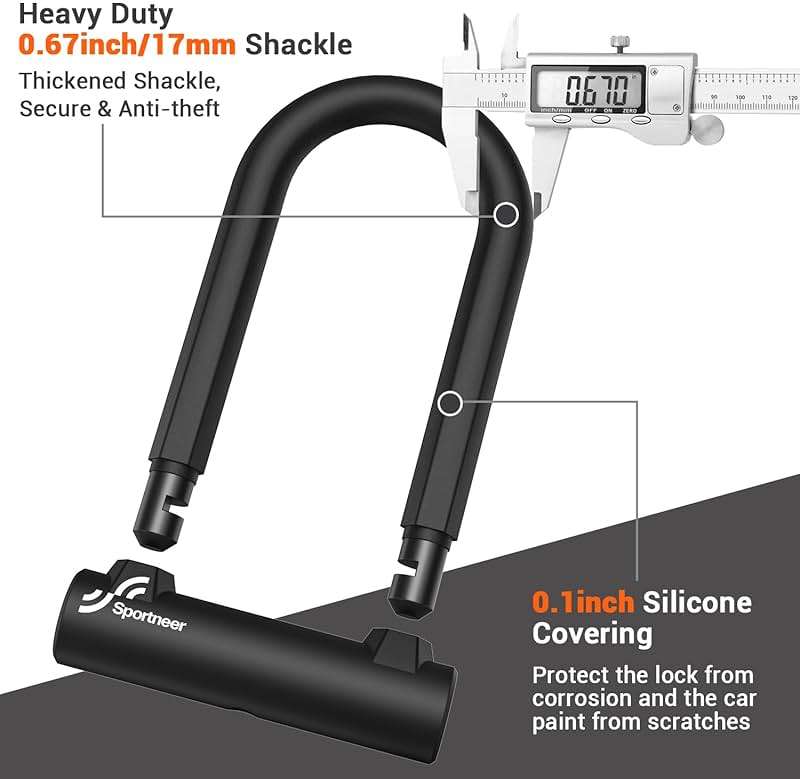 Sportneer Bike Lock: Heavy Duty Anti Theft Bike U Lock with 5ft Security Steel Cable - 17mm Shackle Bicycle U-Locks with 2 Keys & Mounting Bracket for Road Mountain Bike, Size 7.76''x5.02'', 1.64lb - Image 3