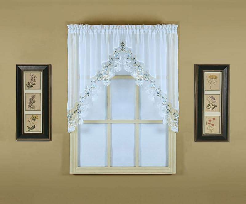Today's Curtain, Vintage Macramé Organza Swag 38", White/Blue, 58" W x 38" L - Image 1