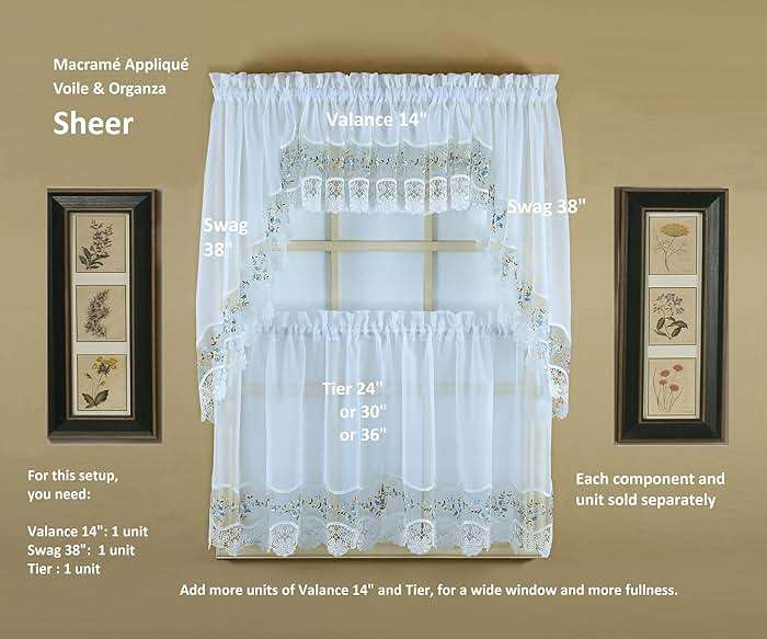 Today's Curtain, Vintage Macramé Organza Swag 38", White/Blue, 58" W x 38" L - Image 2