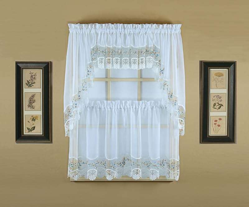 Today's Curtain, Vintage Macramé Organza Swag 38", White/Blue, 58" W x 38" L - Image 11