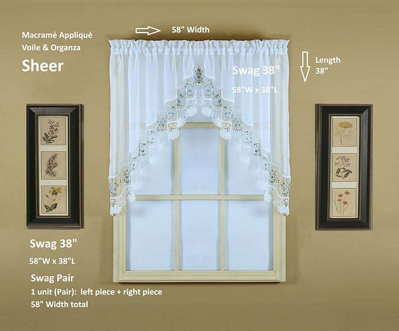 Today's Curtain, Vintage Macramé Organza Swag 38", White/Blue, 58" W x 38" L - Image 3
