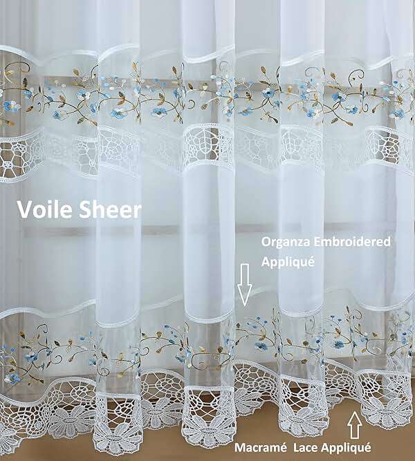 Today's Curtain, Vintage Macramé Organza Swag 38", White/Blue, 58" W x 38" L - Image 4