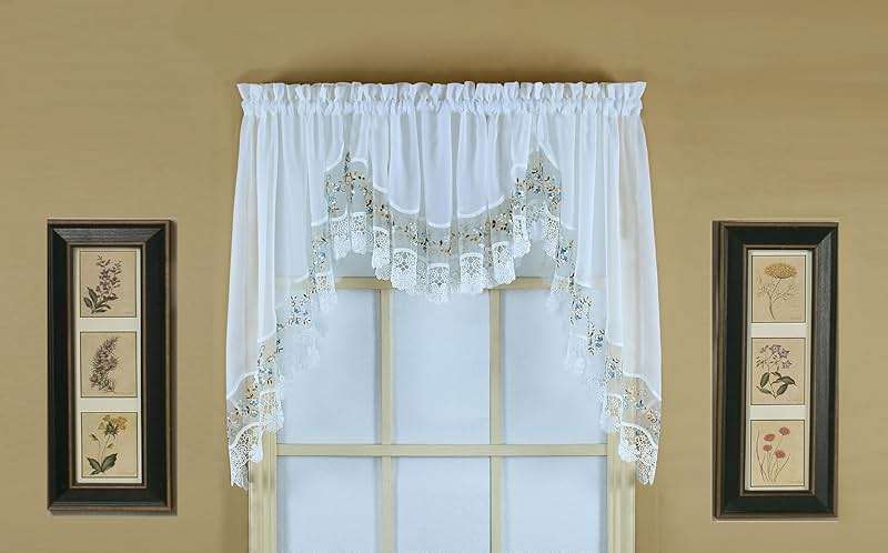 Today's Curtain, Vintage Macramé Organza Swag 38", White/Blue, 58" W x 38" L - Image 5