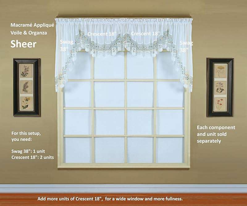 Today's Curtain, Vintage Macramé Organza Swag 38", White/Blue, 58" W x 38" L - Image 6