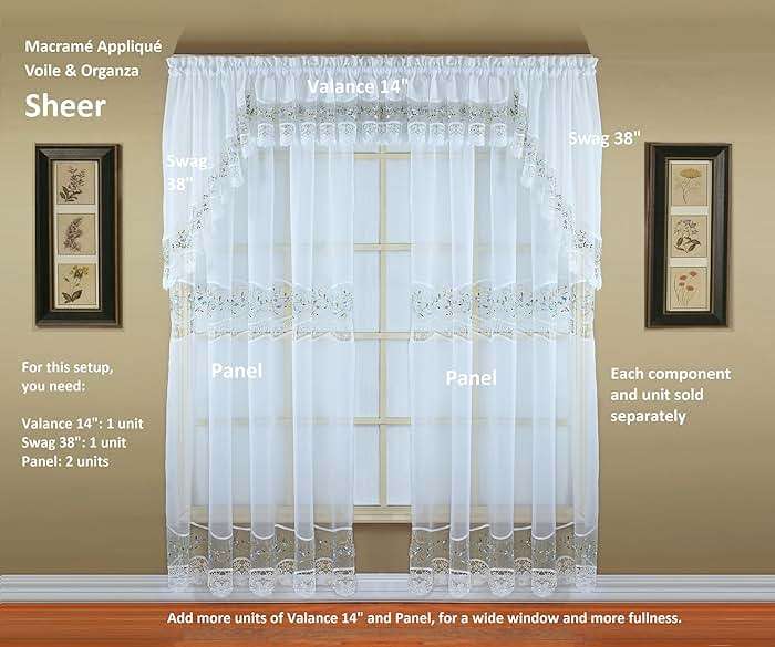 Today's Curtain, Vintage Macramé Organza Swag 38", White/Blue, 58" W x 38" L - Image 7