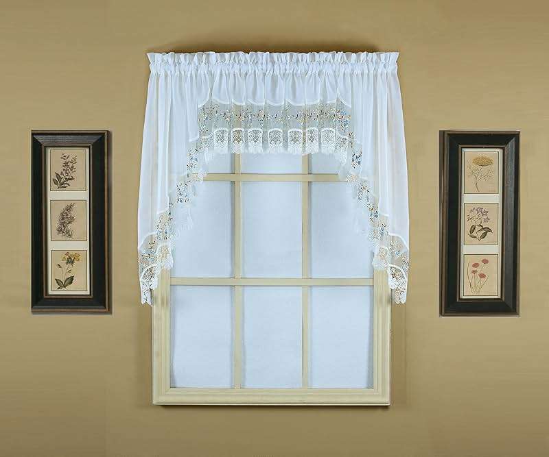 Today's Curtain, Vintage Macramé Organza Swag 38", White/Blue, 58" W x 38" L - Image 8