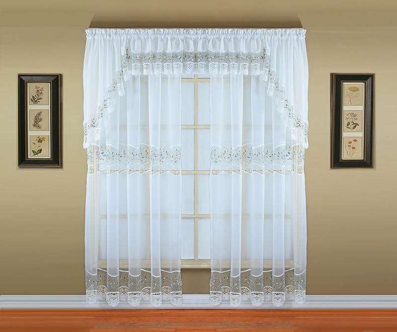 Today's Curtain, Vintage Macramé Organza Swag 38", White/Blue, 58" W x 38" L - Image 10