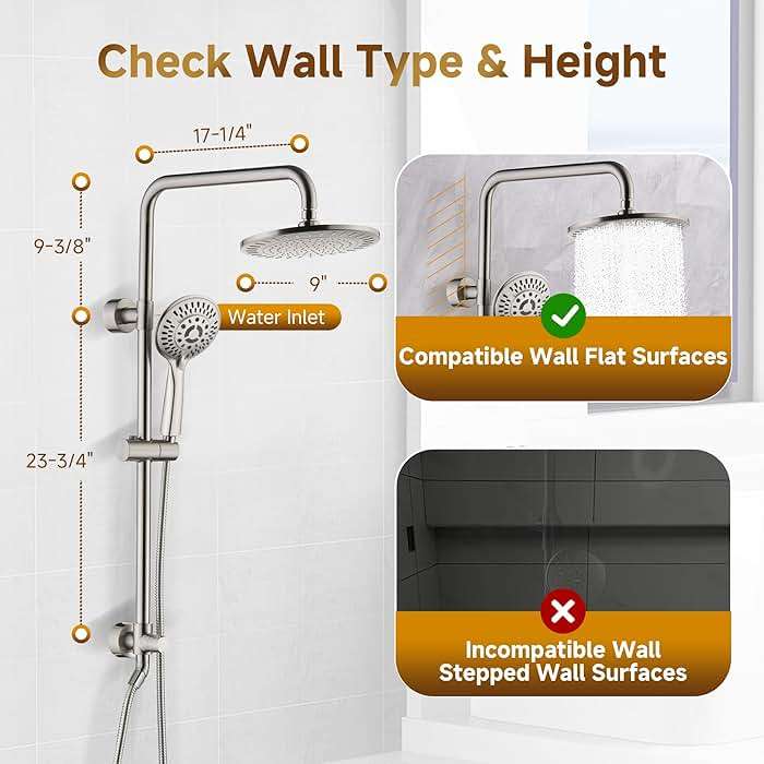 BRIGHT SHOWERS Rain Shower Heads System Including Rainfall Shower Head and Handheld Shower Head with Height Adjustable Holder, Solid Brass Rail, 60 Inch Long Stainless Steel Hose, Brushed Nickel - Image 2