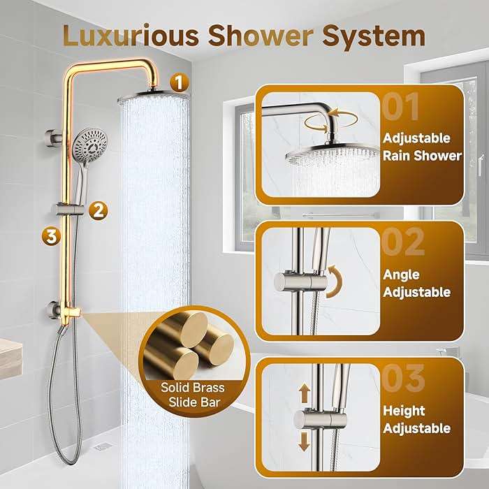 BRIGHT SHOWERS Rain Shower Heads System Including Rainfall Shower Head and Handheld Shower Head with Height Adjustable Holder, Solid Brass Rail, 60 Inch Long Stainless Steel Hose, Brushed Nickel - Image 3