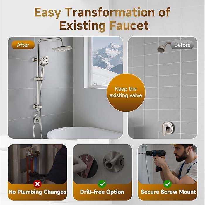 BRIGHT SHOWERS Rain Shower Heads System Including Rainfall Shower Head and Handheld Shower Head with Height Adjustable Holder, Solid Brass Rail, 60 Inch Long Stainless Steel Hose, Brushed Nickel - Image 6