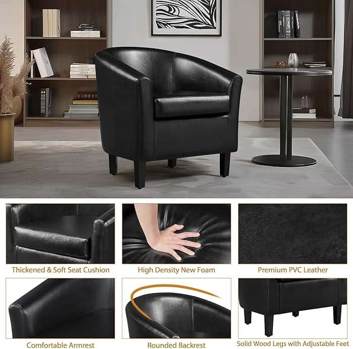 Yaheetech Barrel Chairs Set of 2, Faux Leather Club Armchairs, PU Leather Accent Chairs with Soft Padded Seat for Living Room Bedroom Waiting Reading Room, Black - Image 5