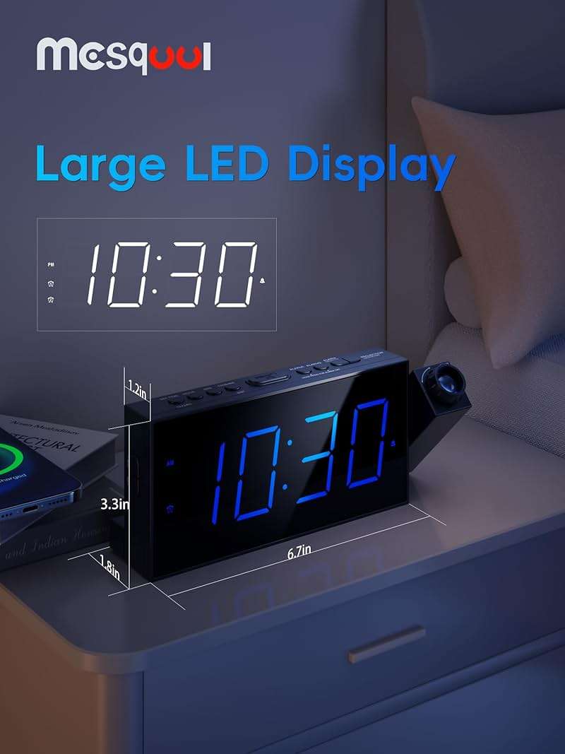 Digital Projection Alarm Clocks for Bedrooms - Large LED Display, 180° Rotatable Projector, 5-Level Dimmer,USB Charger,Battery Backup,Loud Dual Alarms for Kids Elderly,Heavy Sleepers,Snooze,12/24H,DST - Image 2