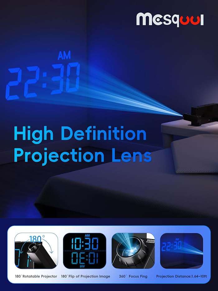 Digital Projection Alarm Clocks for Bedrooms - Large LED Display, 180° Rotatable Projector, 5-Level Dimmer,USB Charger,Battery Backup,Loud Dual Alarms for Kids Elderly,Heavy Sleepers,Snooze,12/24H,DST - Image 3