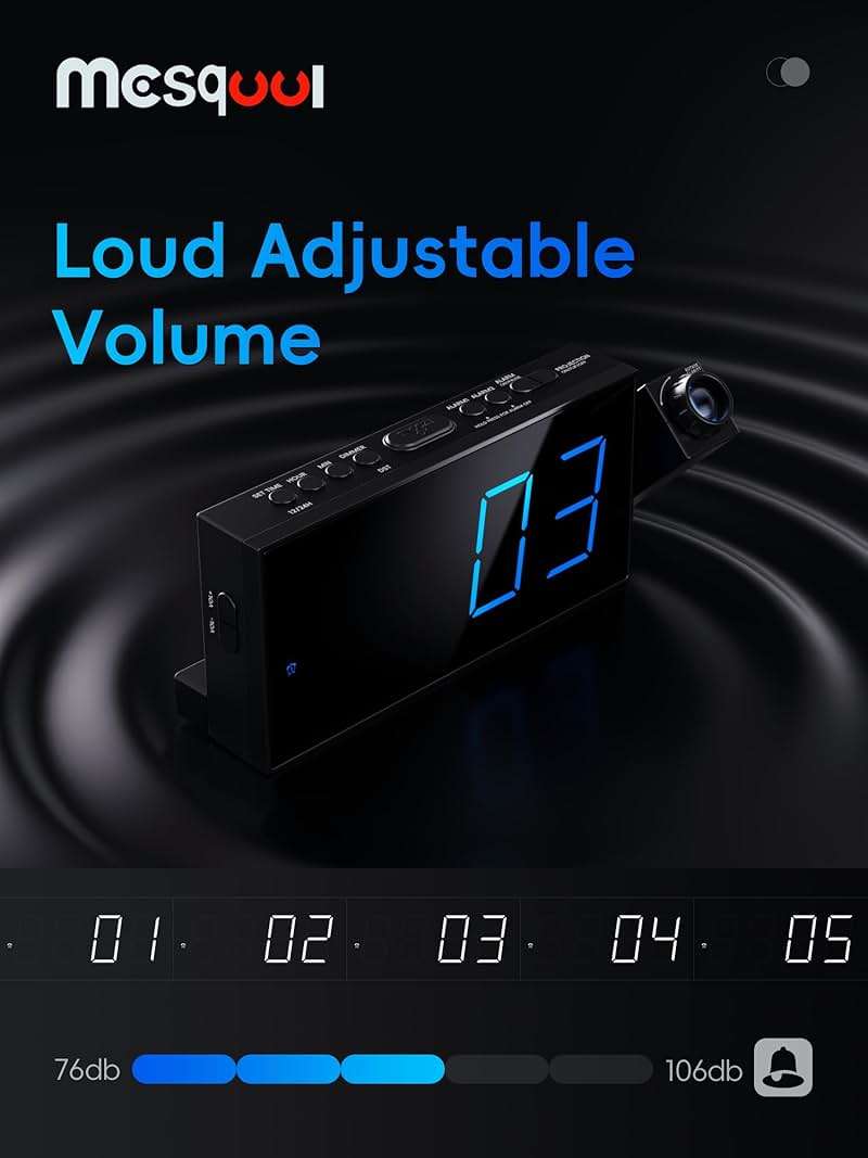 Digital Projection Alarm Clocks for Bedrooms - Large LED Display, 180° Rotatable Projector, 5-Level Dimmer,USB Charger,Battery Backup,Loud Dual Alarms for Kids Elderly,Heavy Sleepers,Snooze,12/24H,DST - Image 5