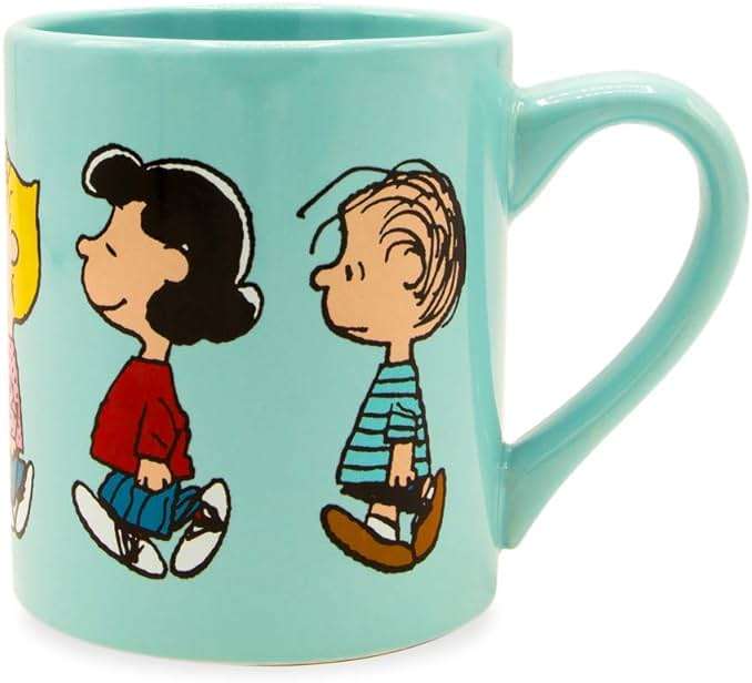 Silver Buffalo Peanuts Group Walk Featuring Charlie Brown, Snoopy, Woodstock, Linus, Sally, and Lucy Ceramic Mug, 14 Ounces - Image 1