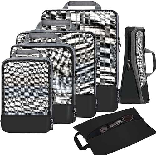 BAGAIL 4 Set/6 Set/8 Set Compression Packing Cubes Travel Accessories Expandable Packing Organizers (Half Mesh, 6-Black) - Image 1