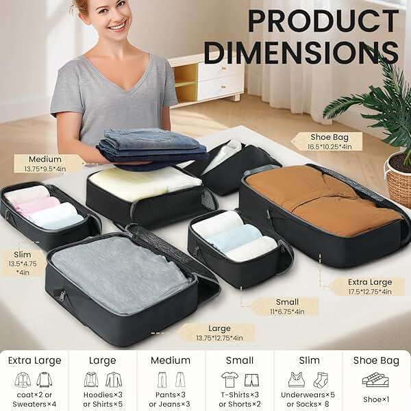 BAGAIL 4 Set/6 Set/8 Set Compression Packing Cubes Travel Accessories Expandable Packing Organizers (Half Mesh, 6-Black) - Image 2
