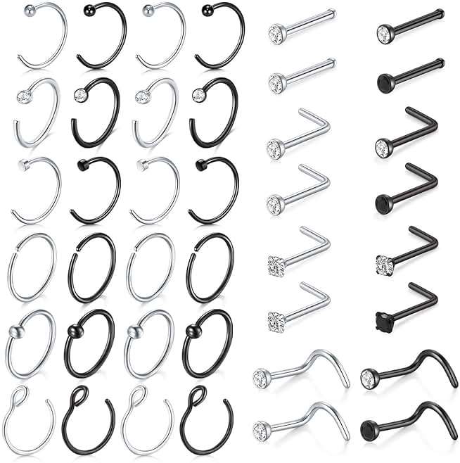 MODRSA 18 Nose Rings Studs Surgical Stainless Steel Hypoallergenic L Shaped Nose Piercing Jewelry for Women Men Silver Black Nostril Hoop Rings 18 Gauge - Image 1