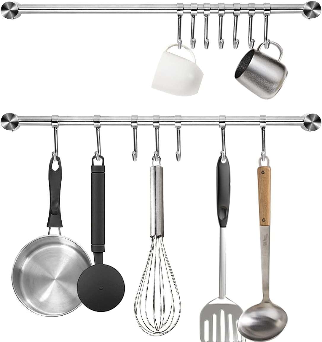 Audmore Kitchen Utensil Rack 2 Pack, 15.6 Inch Pots and Pans Hanging Rack Wall Mounted, 304 Stainless Steel Lid Cooking Utensil Hanger, 7 Sliding Hooks for Spatula Spoon, Measuring Cups, Coffee Mug - Image 1
