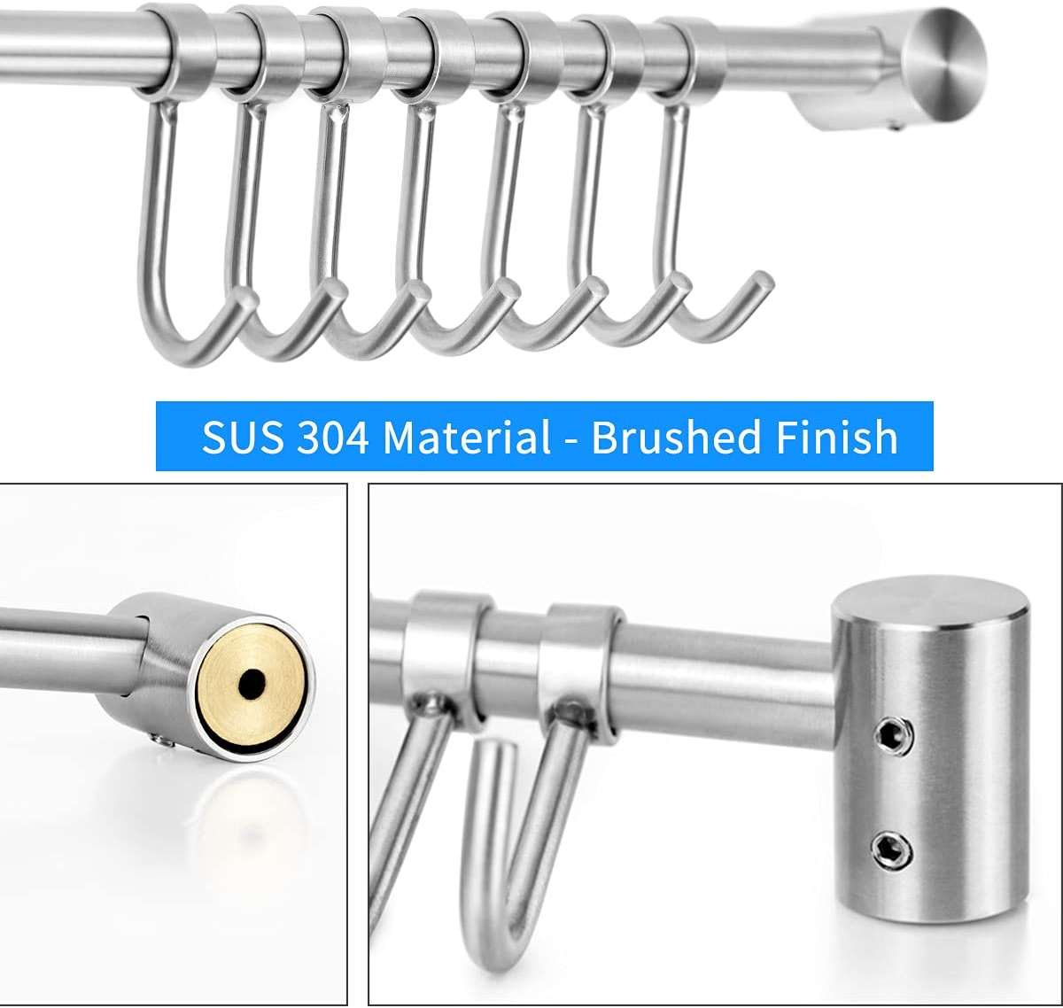 Audmore Kitchen Utensil Rack 2 Pack, 15.6 Inch Pots and Pans Hanging Rack Wall Mounted, 304 Stainless Steel Lid Cooking Utensil Hanger, 7 Sliding Hooks for Spatula Spoon, Measuring Cups, Coffee Mug - Image 3