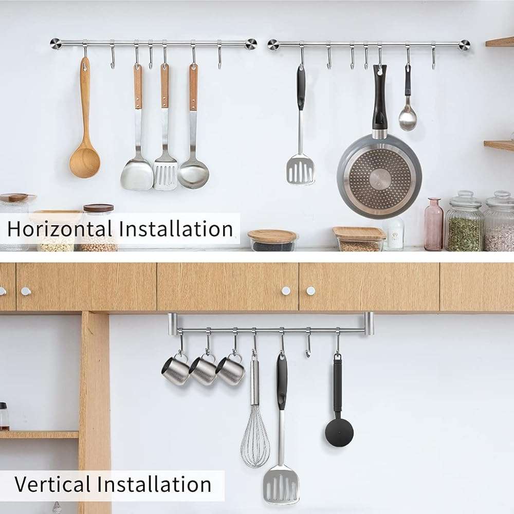 Audmore Kitchen Utensil Rack 2 Pack, 15.6 Inch Pots and Pans Hanging Rack Wall Mounted, 304 Stainless Steel Lid Cooking Utensil Hanger, 7 Sliding Hooks for Spatula Spoon, Measuring Cups, Coffee Mug - Image 4