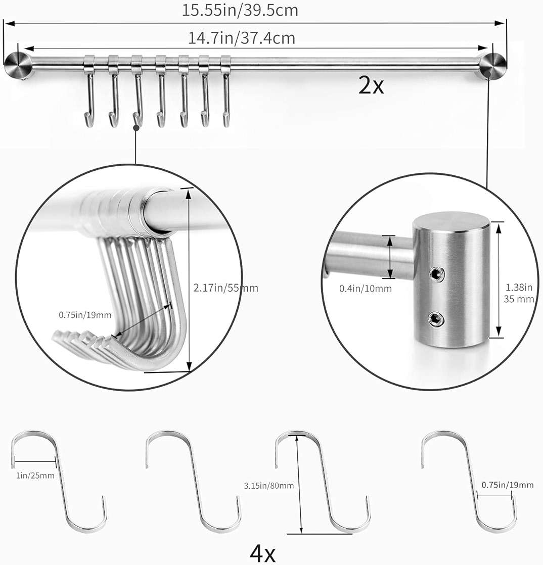 Audmore Kitchen Utensil Rack 2 Pack, 15.6 Inch Pots and Pans Hanging Rack Wall Mounted, 304 Stainless Steel Lid Cooking Utensil Hanger, 7 Sliding Hooks for Spatula Spoon, Measuring Cups, Coffee Mug - Image 6