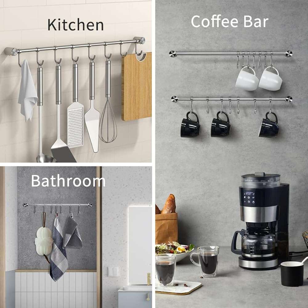 Audmore Kitchen Utensil Rack 2 Pack, 15.6 Inch Pots and Pans Hanging Rack Wall Mounted, 304 Stainless Steel Lid Cooking Utensil Hanger, 7 Sliding Hooks for Spatula Spoon, Measuring Cups, Coffee Mug - Image 7