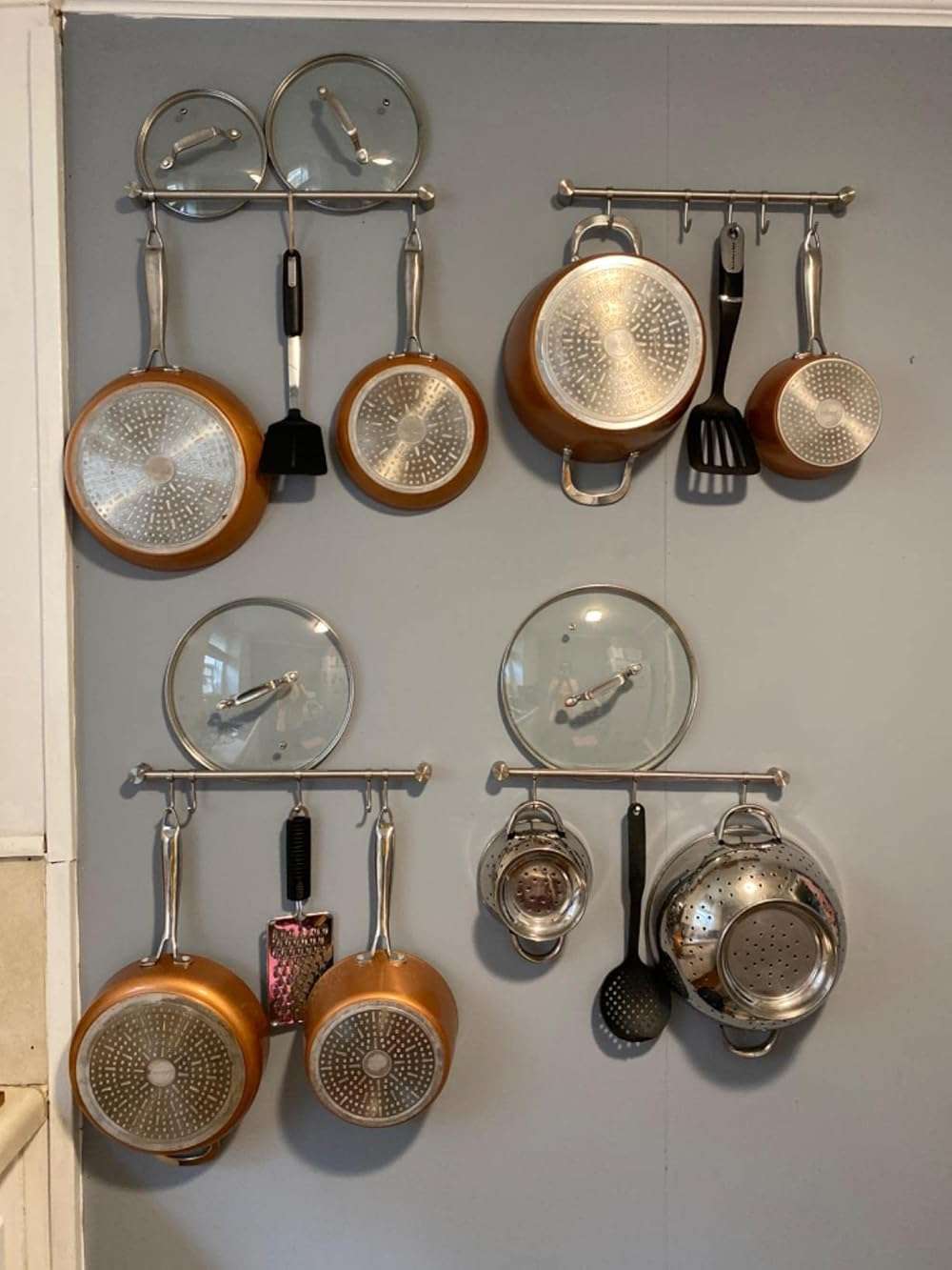 Audmore Kitchen Utensil Rack 2 Pack, 15.6 Inch Pots and Pans Hanging Rack Wall Mounted, 304 Stainless Steel Lid Cooking Utensil Hanger, 7 Sliding Hooks for Spatula Spoon, Measuring Cups, Coffee Mug - Image 8