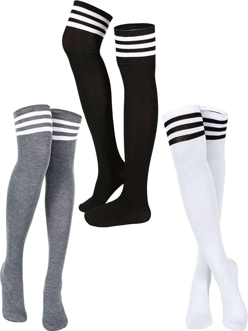 SATINIOR 3 Pairs Knee High Socks Thigh High Triple Stripe over the Knee Socks Long Opaque Thigh Stockings - Image 1