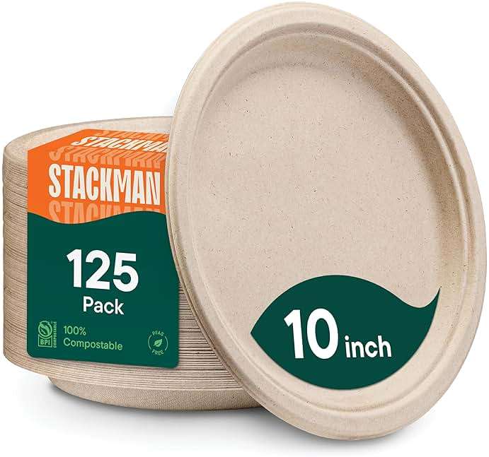 Paper Plates, 100% Compostable Heavy Duty Disposable 10 Inch Plate - [125-Pack] Eco-Friendly, Biodegradable Bagasse - (PFAS-Free) - (BPI Certified) - Image 1