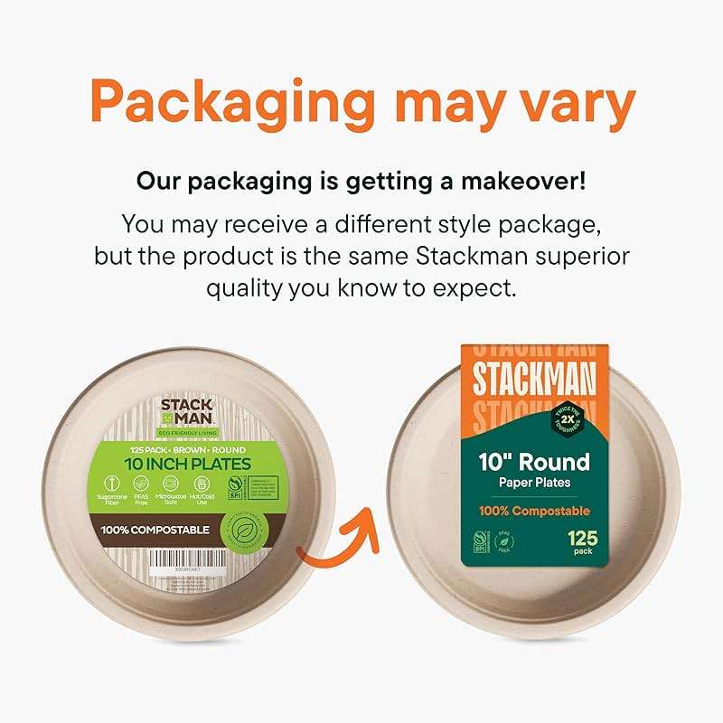 Paper Plates, 100% Compostable Heavy Duty Disposable 10 Inch Plate - [125-Pack] Eco-Friendly, Biodegradable Bagasse - (PFAS-Free) - (BPI Certified) - Image 6