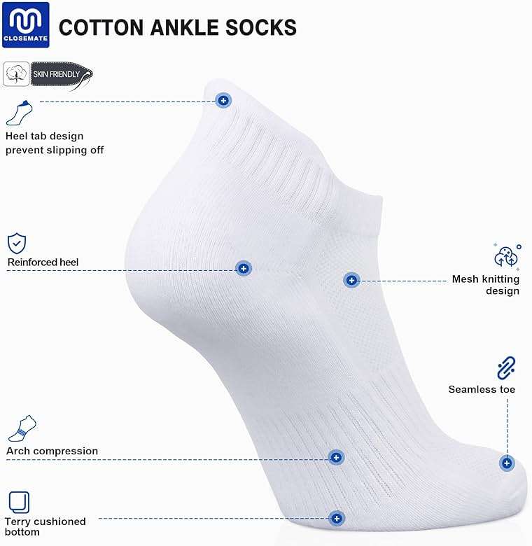 CLOSEMATE 7 Pairs Ankle Athletic Running Socks for Men Women - Comfortable Cotton Cushioned and Anti-Blister - Image 2