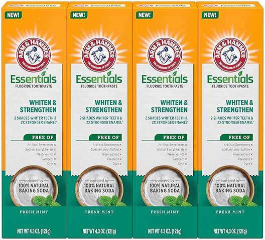 ARM & HAMMER Essentials Whiten & Strengthen Fluoride Toothpaste-4 Pack of 4.3oz Tubes, Fresh Mint- 100% Natural Baking Soda- Fluoride Toothpaste - Image 1