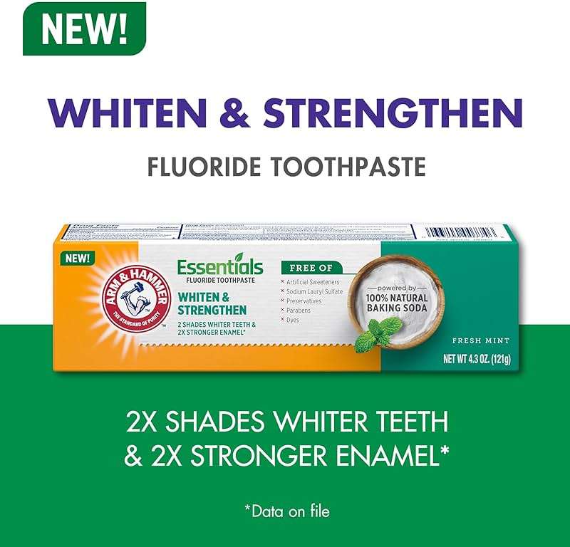 ARM & HAMMER Essentials Whiten & Strengthen Fluoride Toothpaste-4 Pack of 4.3oz Tubes, Fresh Mint- 100% Natural Baking Soda- Fluoride Toothpaste - Image 8