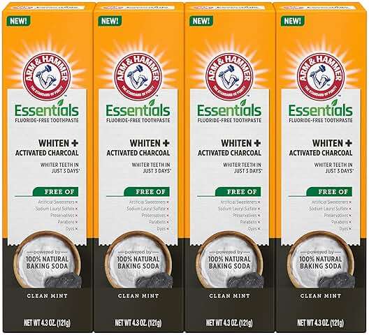 ARM & HAMMER Essentials Fluoride-Free Toothpaste, Whitening + Activated Charcoal Toothpaste, 4 Pack of 4.3oz Tubes, Clean Mint, 100% Natural Baking Soda - Image 1