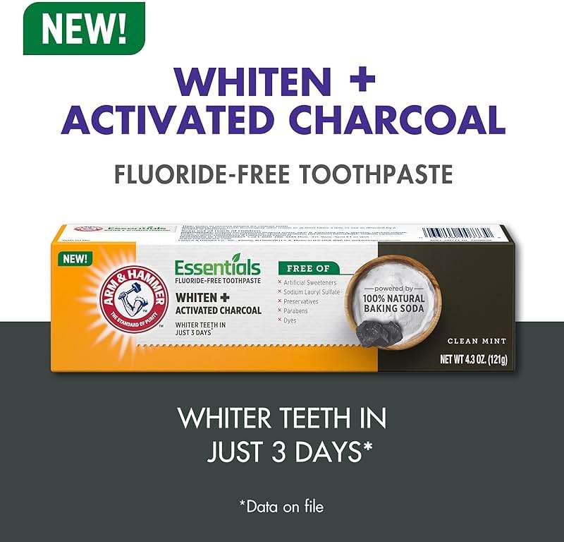 ARM & HAMMER Essentials Fluoride-Free Toothpaste, Whitening + Activated Charcoal Toothpaste, 4 Pack of 4.3oz Tubes, Clean Mint, 100% Natural Baking Soda - Image 7