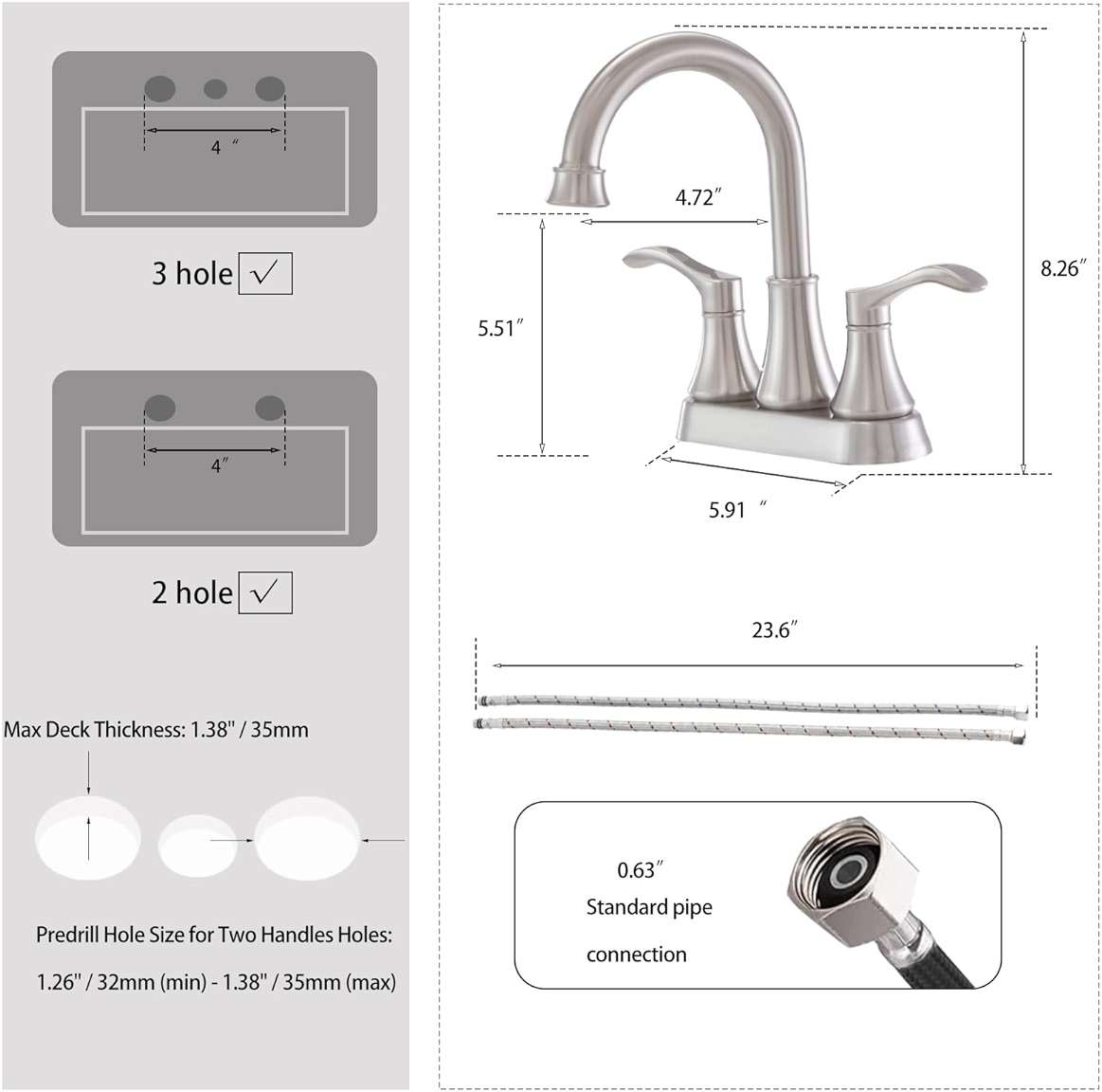 Lead-Free Commercial 2-Handle Brushed Nickel Bathroom Sink Faucet, 360° Swivel High-Arc Spout 4 Inch Centerset Lavatory Vanity Faucets Set for Bathroom Sink with Drain & Water Hoses, VLS10003BML-1 - Image 3