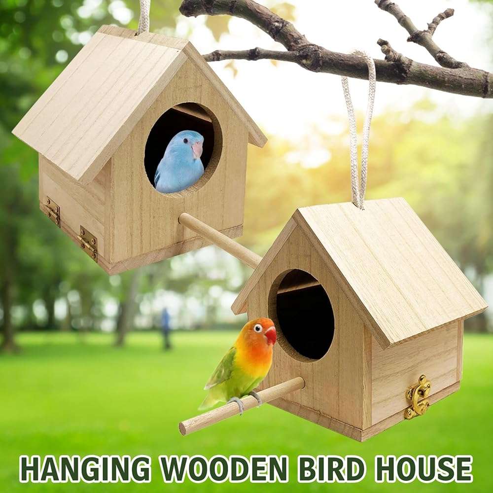 Tfwadmx Wooden Bird House, Pack of 2 Hanging Birdhouse for Outside, Wooden Nests Box Garden Patio DIY Decorative for Robin Budgie Swallow Little Sparrow Finch Throstle or Medium Size Birds - Image 6