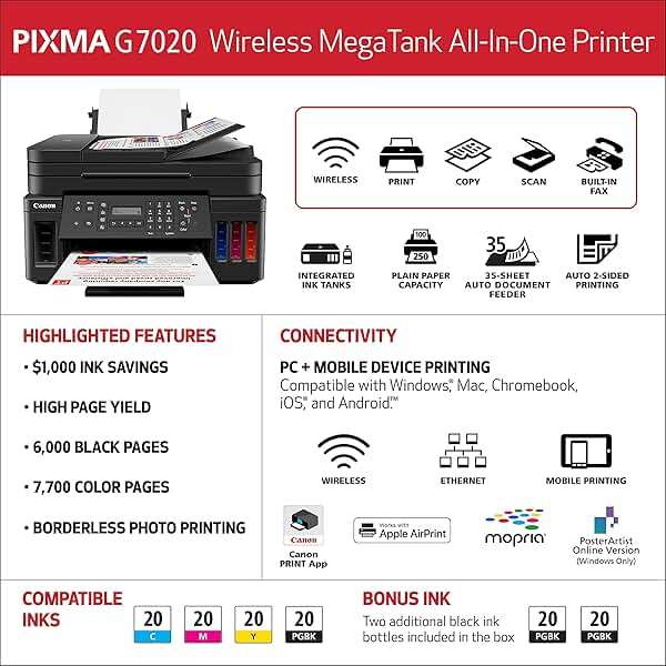 Canon G7020 All-in-One Printer Home Office | Wireless Supertank (Megatank) Printer | Copier | Scan, | Fax and ADF with Mobile Printing, Black, Works with Alexa - Image 6