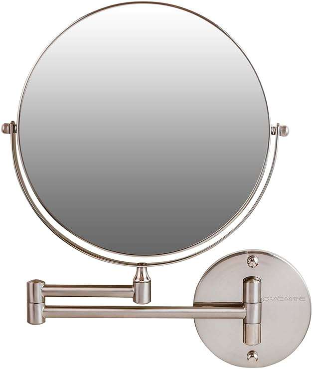 OVENTE 9" Wall Mounted Makeup Mirror with 1X/7X Magnification, Double Sided Magnifying Round Bathroom Vanity Mirror, 360° Swivel Design, Extendable and Folding Arm, Nickel Brushed MNLFW90BR1X7X - Image 1