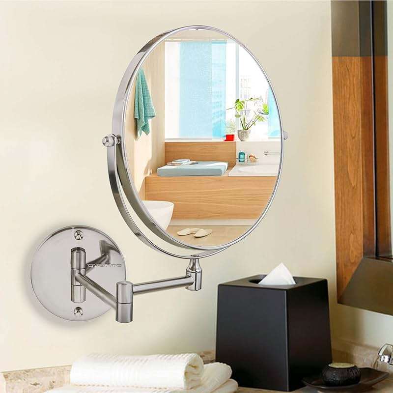 OVENTE 9" Wall Mounted Makeup Mirror with 1X/7X Magnification, Double Sided Magnifying Round Bathroom Vanity Mirror, 360° Swivel Design, Extendable and Folding Arm, Nickel Brushed MNLFW90BR1X7X - Image 2