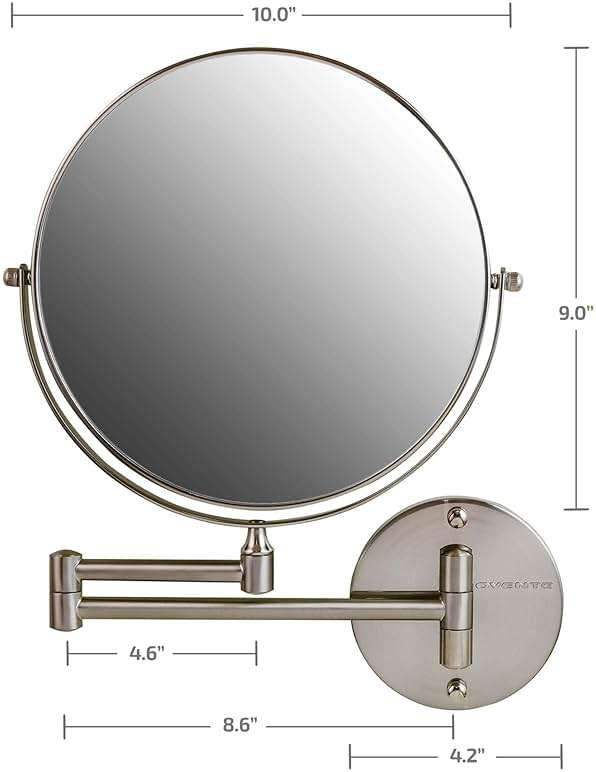 OVENTE 9" Wall Mounted Makeup Mirror with 1X/7X Magnification, Double Sided Magnifying Round Bathroom Vanity Mirror, 360° Swivel Design, Extendable and Folding Arm, Nickel Brushed MNLFW90BR1X7X - Image 3