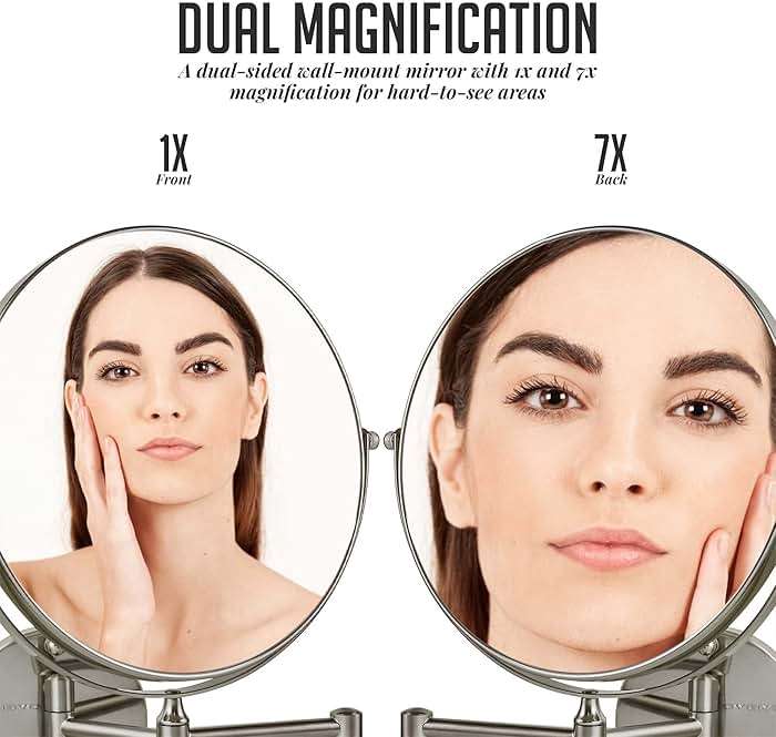 OVENTE 9" Wall Mounted Makeup Mirror with 1X/7X Magnification, Double Sided Magnifying Round Bathroom Vanity Mirror, 360° Swivel Design, Extendable and Folding Arm, Nickel Brushed MNLFW90BR1X7X - Image 4