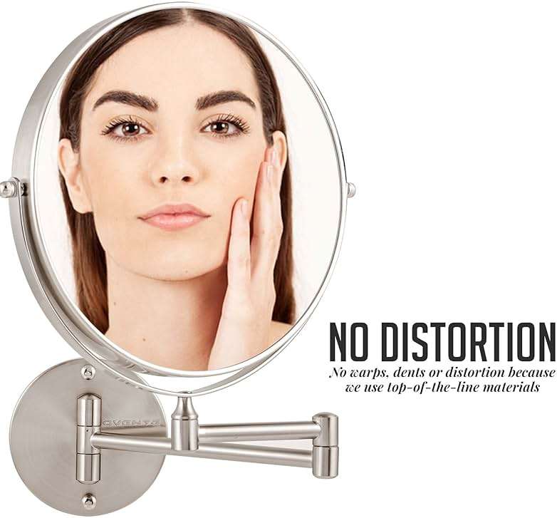OVENTE 9" Wall Mounted Makeup Mirror with 1X/7X Magnification, Double Sided Magnifying Round Bathroom Vanity Mirror, 360° Swivel Design, Extendable and Folding Arm, Nickel Brushed MNLFW90BR1X7X - Image 6