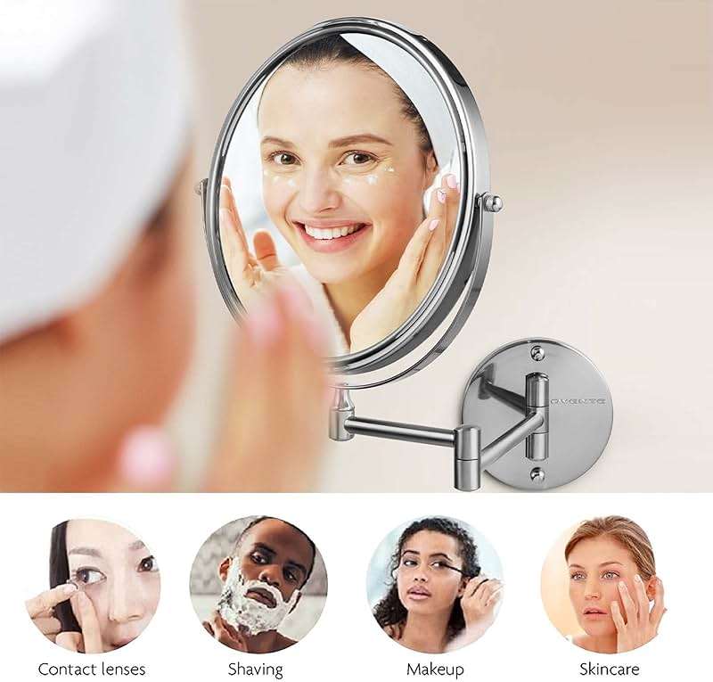 OVENTE 9" Wall Mounted Makeup Mirror with 1X/7X Magnification, Double Sided Magnifying Round Bathroom Vanity Mirror, 360° Swivel Design, Extendable and Folding Arm, Nickel Brushed MNLFW90BR1X7X - Image 7