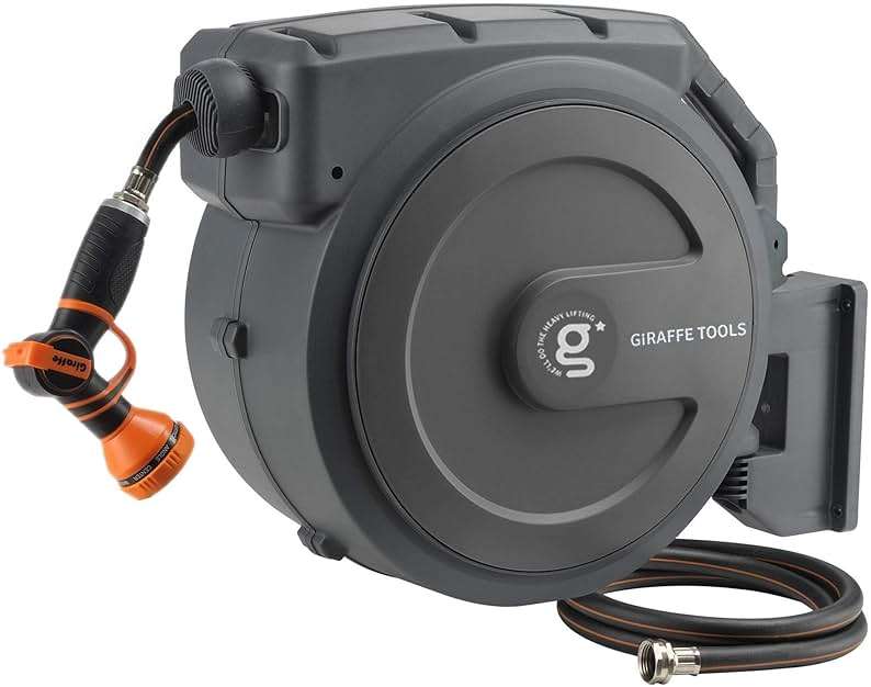 Giraffe Tools Retractable Garden Hose Reel 1/2 Inch x 130 ft, Super Heavy Duty, Any Length Lock, Slow Return System, Wall Mounted and 180 Deg Swivel Bracket - Image 1
